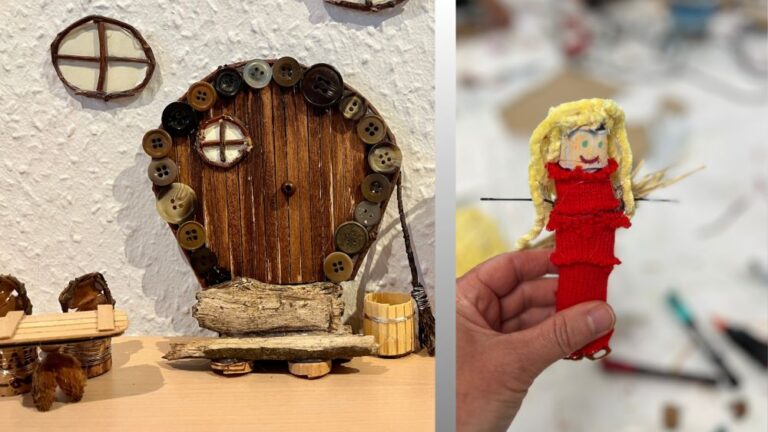 fe-dør af krea materialer og en lille figur lavet til mini-krea hos Kreativenergi.dk i skolernes efterårsferie.