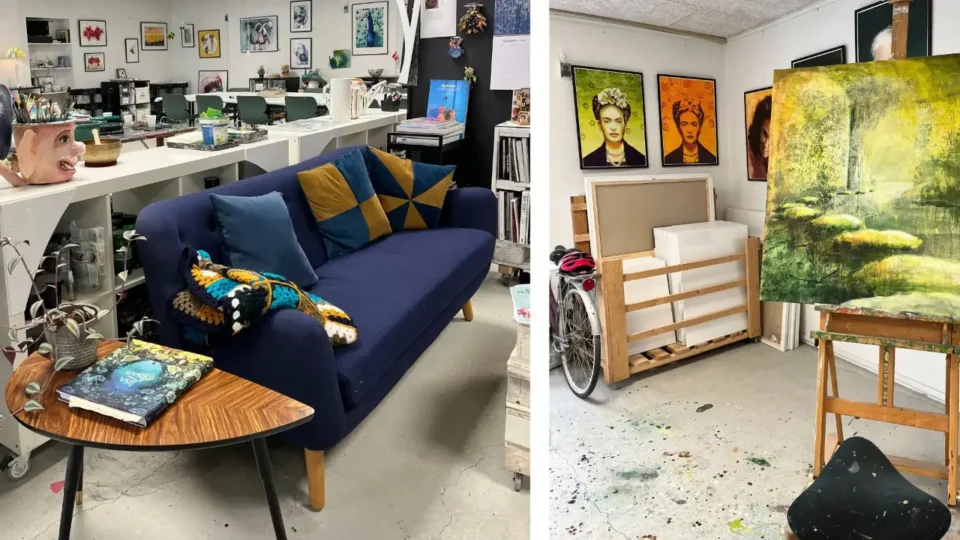 Billede fra værkstedet med masser af farver og udstyr