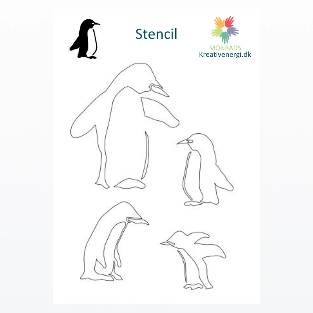 Pingviner stencil, A5 1 Skabelon med konturtegninger af fire pingviner i forskellige positioner fra Monrads Kreativenergi.dk.