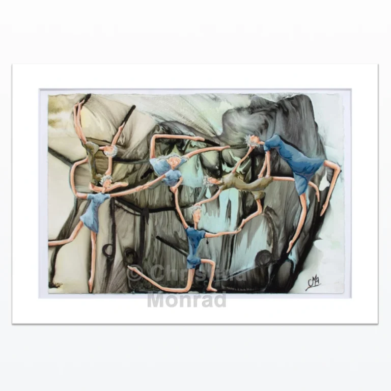 Kunstplakat af ni dansende kvinder i blå og grønne kjoler, holdende hinanden i hænderne, i legende komposition af Christina Monrad.