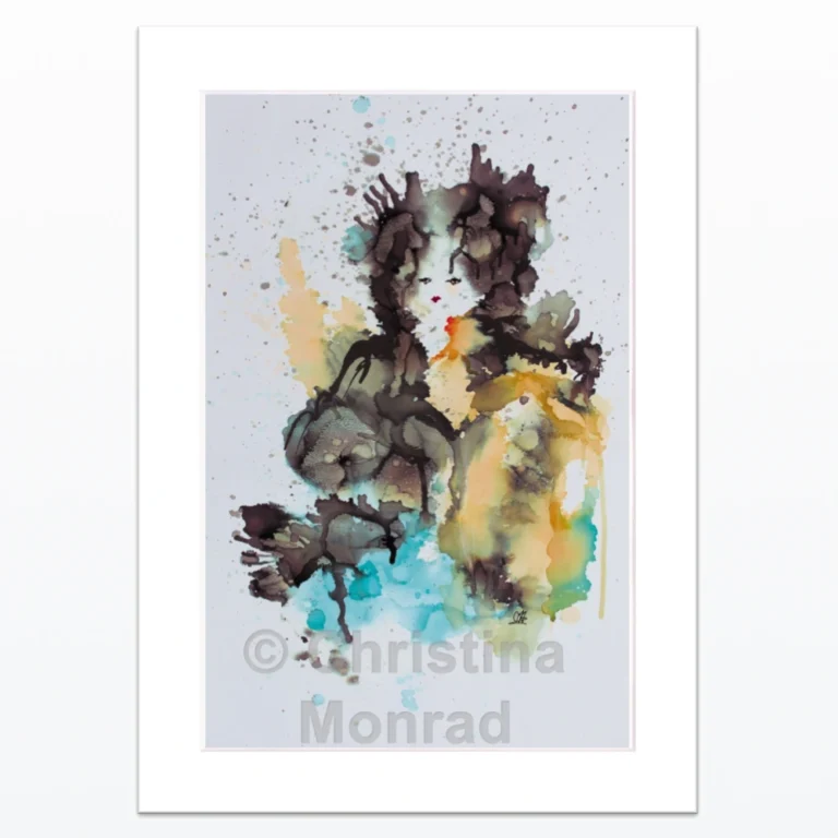 Abstrakt farveeksplosion af to menneskeskikkelser i mørke toner med gule, blå og orange detaljer, malet af Christina Monrad.