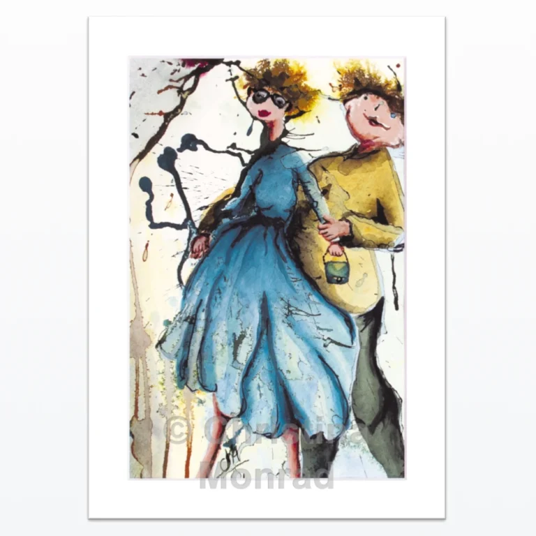 Kunstplakat af smilende par, kvinde i blå kjole og mand i gul skjorte med vinflaske, i livlig og humoristisk stil af Christina Monrad.