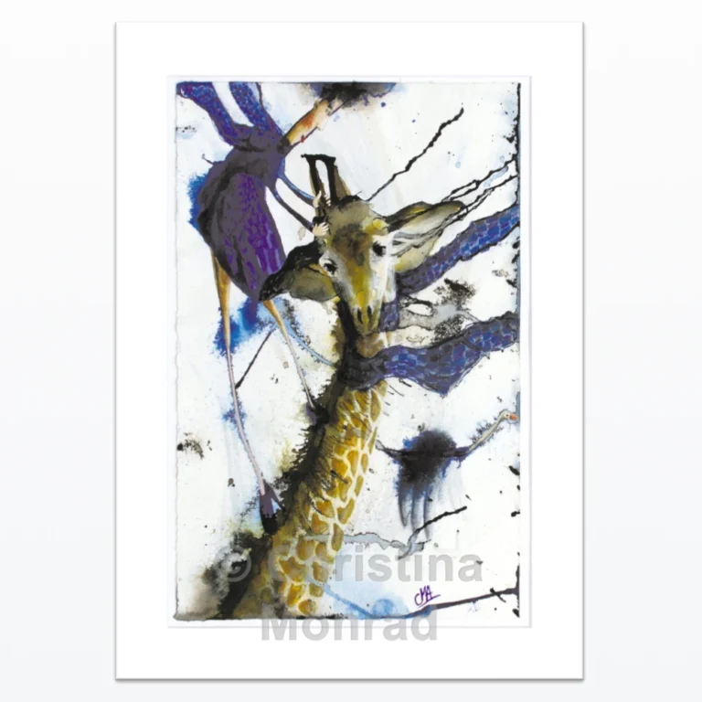 Abstrakt kunstværk af en giraf med lilla fugle og blå accenter, skabt i ekspressiv stil af Christina Monrad.