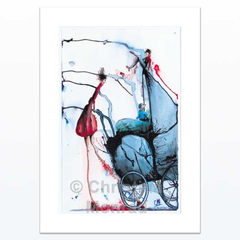 Abstrakt kunstplakat med tre personer og en stor barnevogn i blå nuancer, skabt i dynamisk og farverig stil af Christina Monrad.