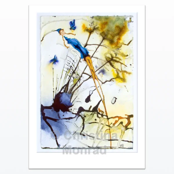 Akvarelmaleri af pige i blå kjole med sommerfugle og abstrakte naturformer i baggrunden, malet af Christina Monrad.