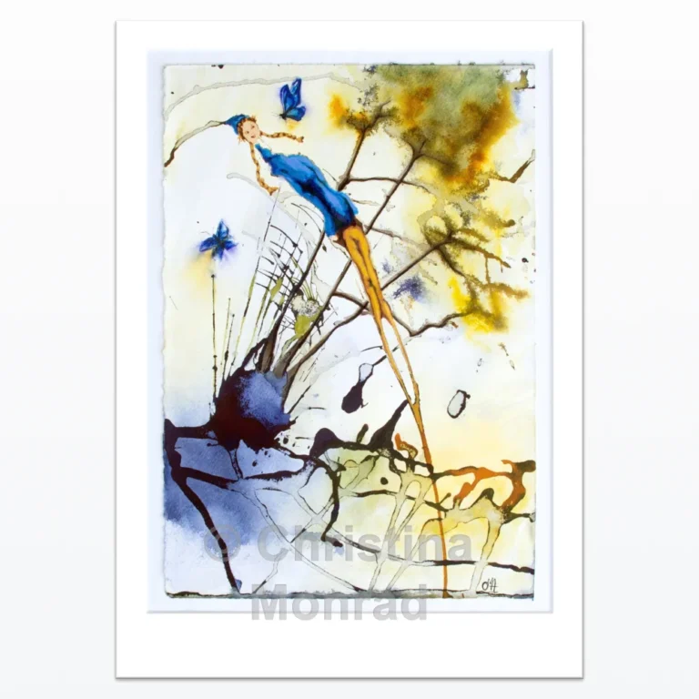 Akvarelmaleri af pige i blå kjole med sommerfugle og abstrakte naturformer i baggrunden, malet af Christina Monrad.