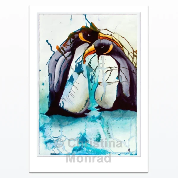 Akvarelmaleri af to kejserpingviner i tæt samspil omgivet af isblå farvetoner og abstrakte linjer, malet af Christina Monrad.