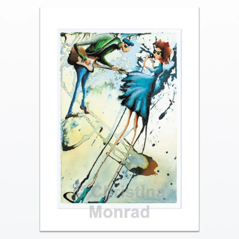 Farverig kunstplakat af en mand, der spiller guitar, og en kvinde i blå kjole, der synger, i en abstrakt og dynamisk stil af Christina Monrad.