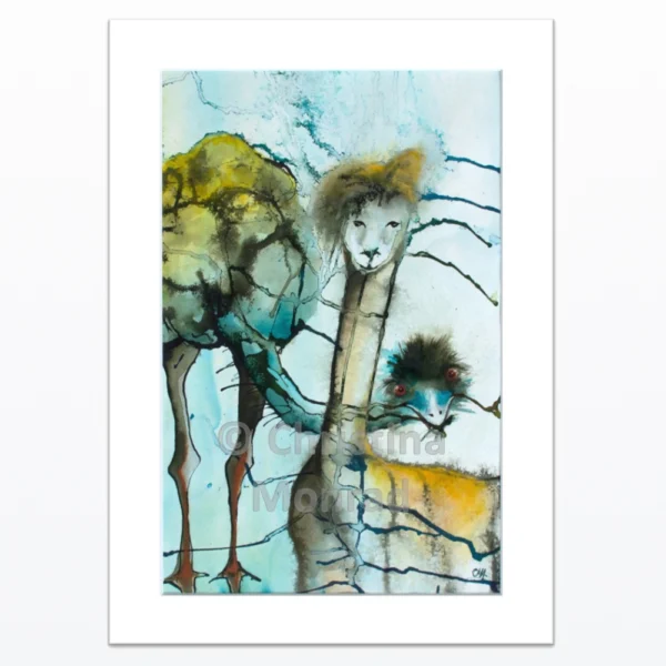 Farverig akvarel af tre dyr – kamel, løve og emu – i abstrakt stil med blå og grønne nuancer, malet af Christina Monrad.