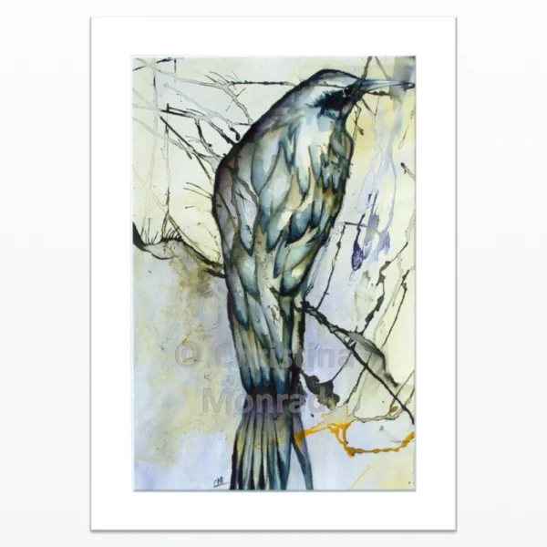 Abstrakt fuglemaleri i akvarel med blå og grå toner, detaljeret fjerstruktur og lys baggrund, malet af Christina Monrad.