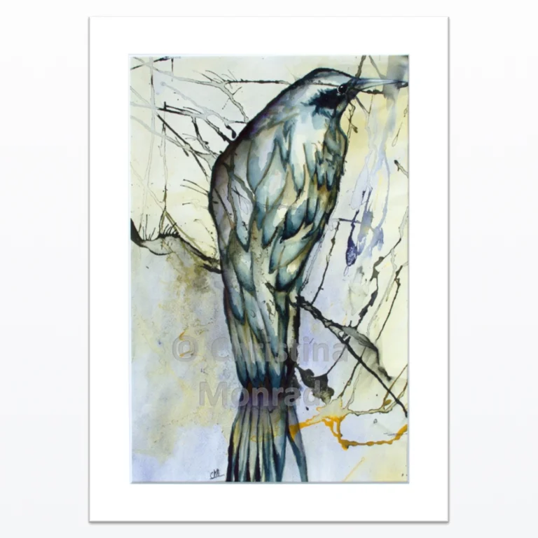 Abstrakt fuglemaleri i akvarel med blå og grå toner, detaljeret fjerstruktur og lys baggrund, malet af Christina Monrad.