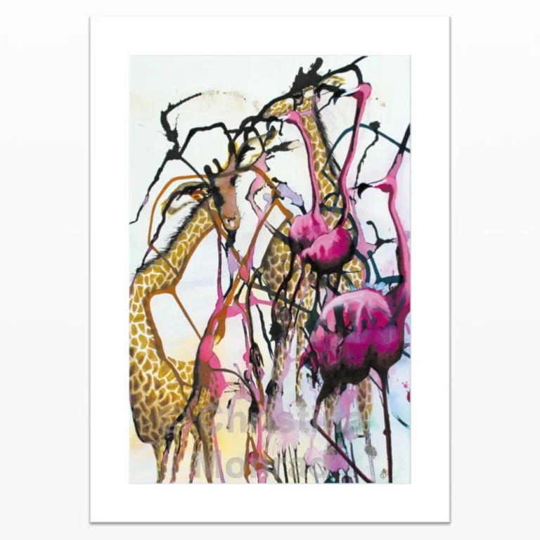 Abstrakt kunstplakat med giraffer og flamingoer i levende gule og pink farver, malet i ekspressiv stil af Christina Monrad.
