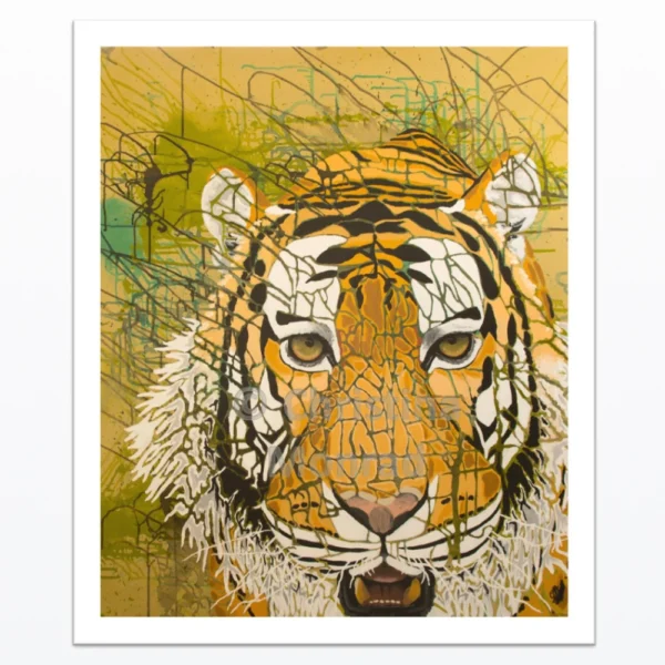 Abstrakt maleri af tiger med intense øjne og komplekse linjer og mønstre i baggrunden, malet af Christina Monrad.