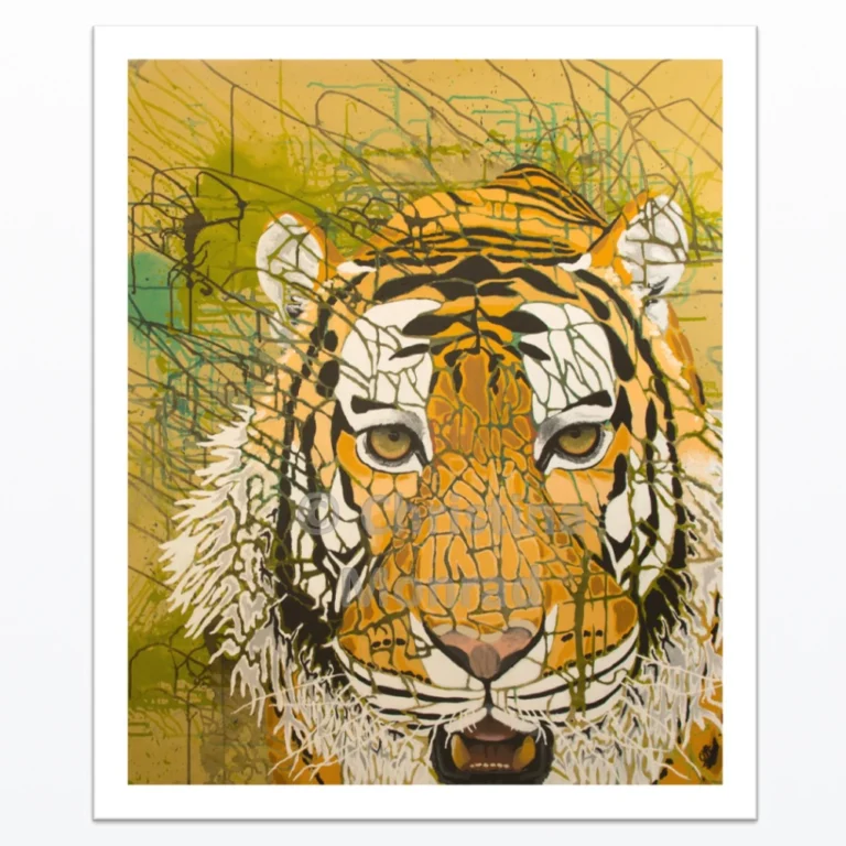 Abstrakt maleri af tiger med intense øjne og komplekse linjer og mønstre i baggrunden, malet af Christina Monrad.