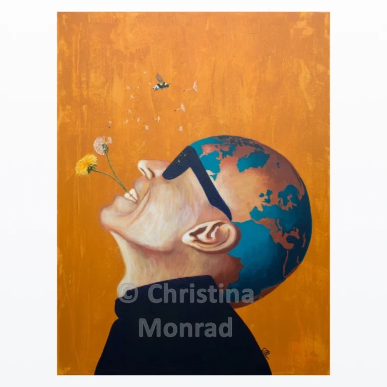 Surrealistisk portræt af mand med verdenskort på hovedet, solbriller og mælkebøtter i munden mod en varm orange baggrund, malet af Christina Monrad.