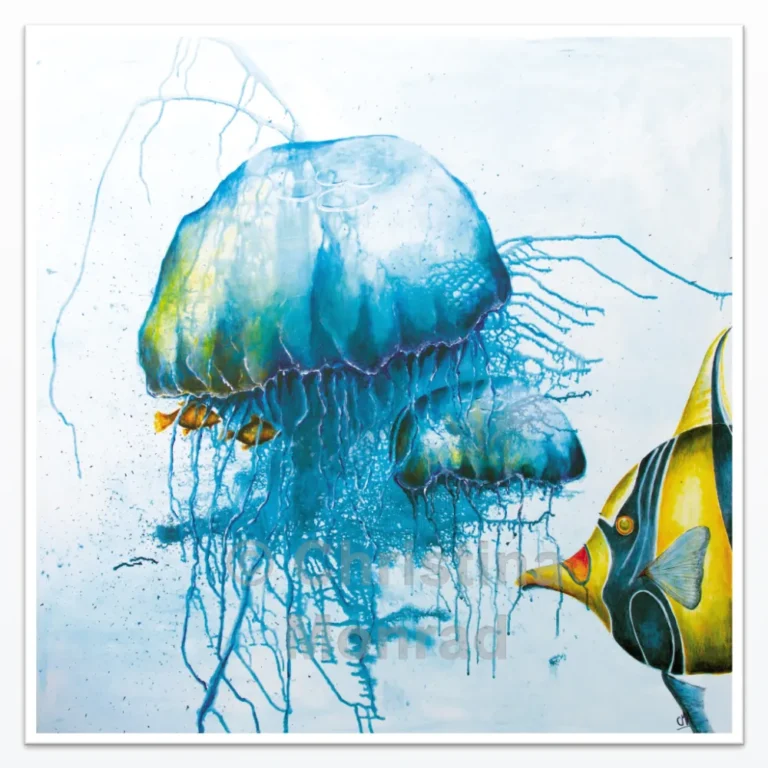 Farverig undervandsillustration med to blå gopler og en sort-gul tropefisk på hvid baggrund, malet af Christina Monrad.