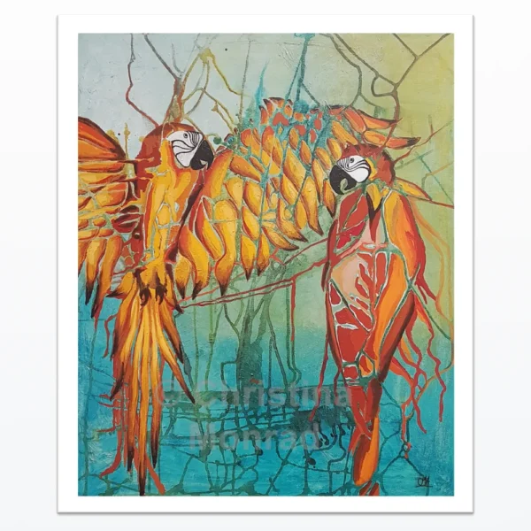 Farverigt akrylmaleri af to papegøjer i orange og rød nuancer med abstrakte mønstre på turkis og grøn baggrund, malet af Christina Monrad.