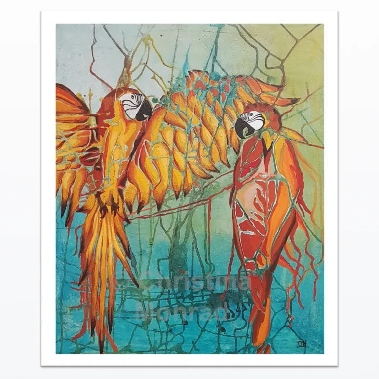 Farverigt akrylmaleri af to papegøjer i orange og rød nuancer med abstrakte mønstre på turkis og grøn baggrund, malet af Christina Monrad.