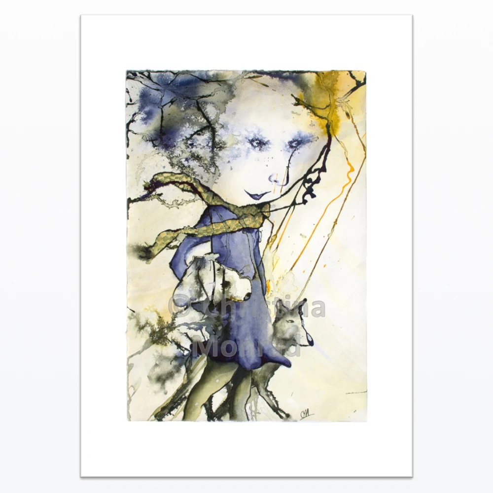 Plakat, "Pigen med hundene" 1 Drømmende akvarel af pige i blå kjole med tørklæde, omgivet af abstrakte grene og en ulv i baggrunden, malet af Christina Monrad.