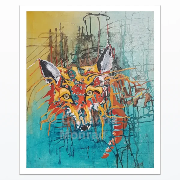 Akvarelmaleri af en abstrakt rød ræv med intense gule øjne, omgivet af farverige linjer på blå og gul baggrund, malet af Christina Monrad.