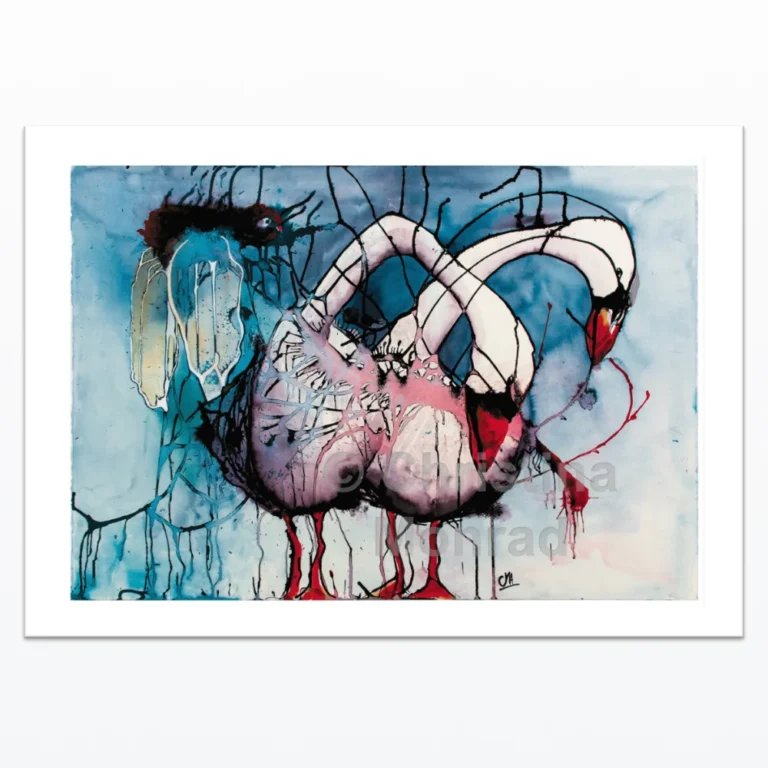 Abstrakt akvarelmaleri af tre hvide svaner med røde næb og ben mod blå baggrund, malet af Christina Monrad.