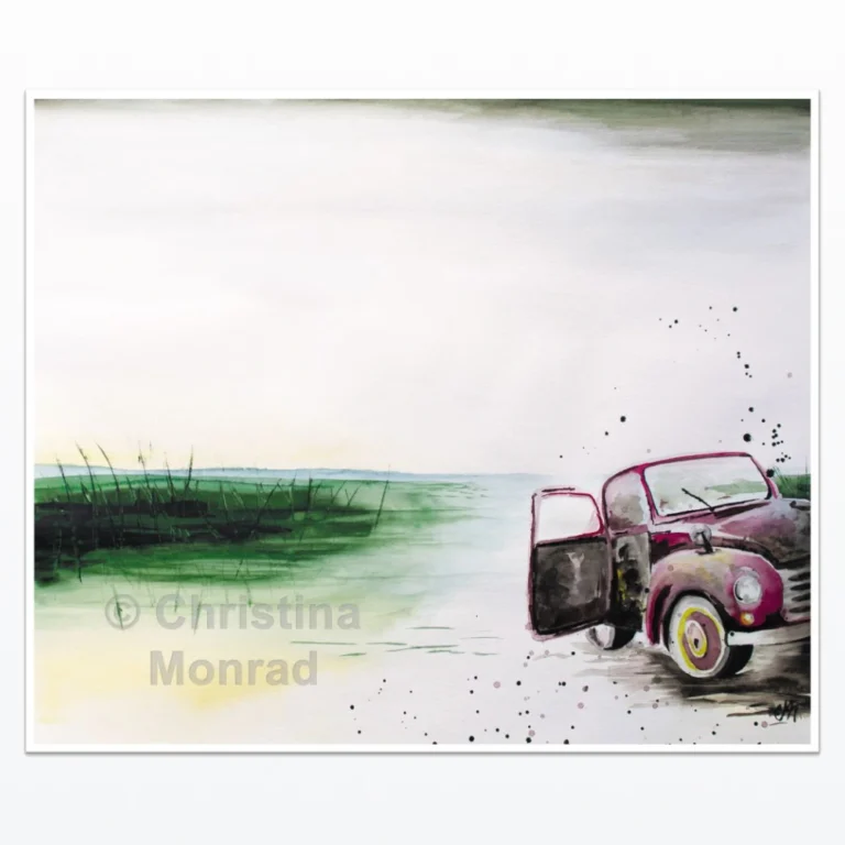 Akvarelmaleri af en gammel rød bil med åben dør ved en grøn mark under en overskyet himmel, malet af Christina Monrad.