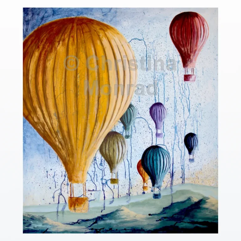 Maleri med otte luftballoner i forskellige farver, svævende over bølgende blågrønt landskab med dryppende baggrundselementer, malet af Christina Monrad.