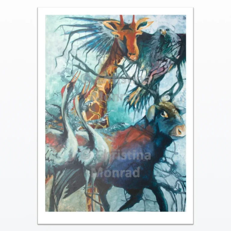 Farverigt akrylmaleri med en giraf, to traner, en rovfugl og en okse i en fantasifuld, blågrøn naturkomposition, malet af Christina Monrad.