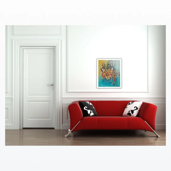 Elegant stue med rød sofa og sort-hvide puder, hvor maleri af ræv hænger centralt på hvid væg.