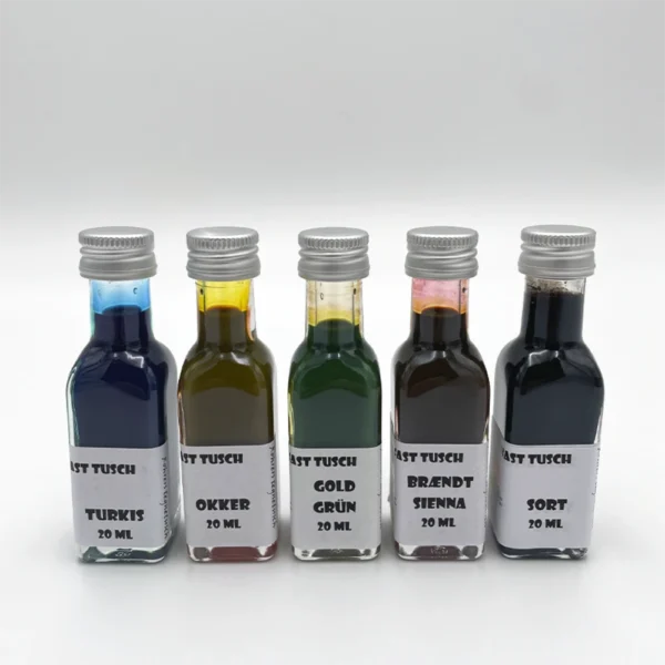 Tusch-ballade startsæt, "naturfarver" 10 Fem flasker flydende tusch i farverne turkis, okker, gylden grøn, brændt sienna og sort.