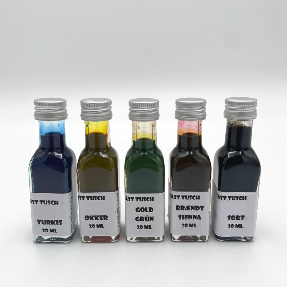 Tusch-ballade startsæt, "naturfarver" 2 Fem flasker flydende tusch i farverne turkis, okker, gylden grøn, brændt sienna og sort.