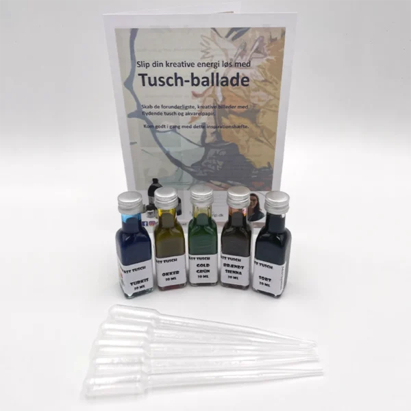 Tusch-ballade startsæt, "naturfarver" 9 Kreativt sæt med seks flasker farvet tusch, pipetter og inspirationshæfte til akvarelkunst.