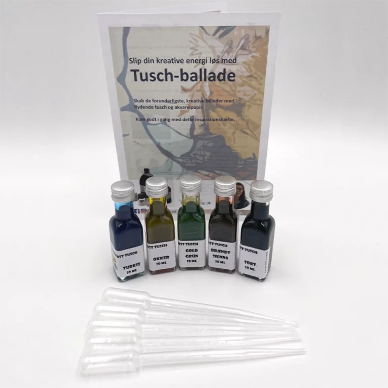 Kreativt sæt med seks flasker farvet tusch, pipetter og inspirationshæfte til akvarelkunst.