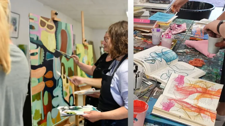 Kreativ Energi Teambuilding - Kvinder maler farverige abstrakte motiver på lærreder og bøger i et atelier.