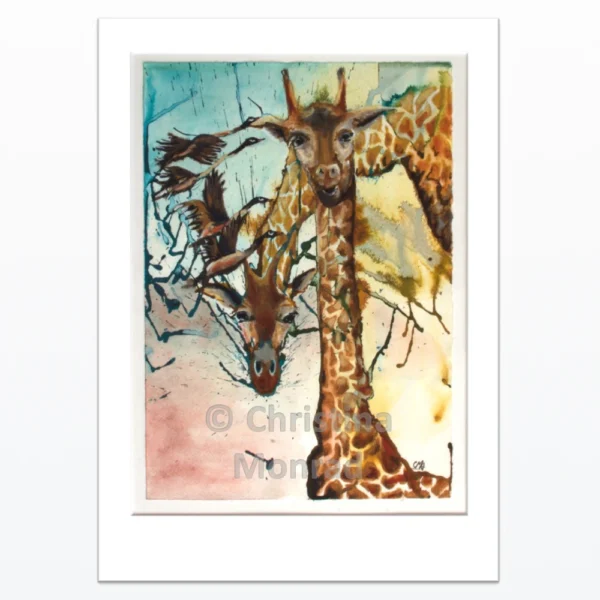 Akvarelmaleri af tre giraffer i naturlige omgivelser med livlige farver og abstrakte baggrundselementer, malet af Christina Monrad.