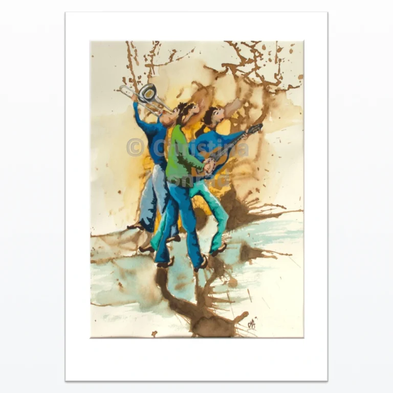 Akvarelmaleri af tre musikere i farverige tøj med trombone, trompet og guitar i dynamisk bevægelse, malet af Christina Monrad.