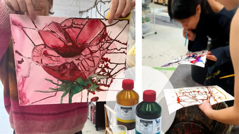 Billede af abstrakt blomst malet med tuschballade hos kreativenergi.dk. To personer som puster til tusch med sugerør.